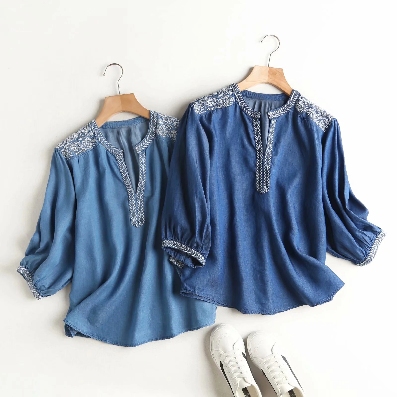 womens blouses denim women embroidery shirt blouse v neck long sleeve blue shirt blouse streetwear casual jeans shirt top satin shirts for women