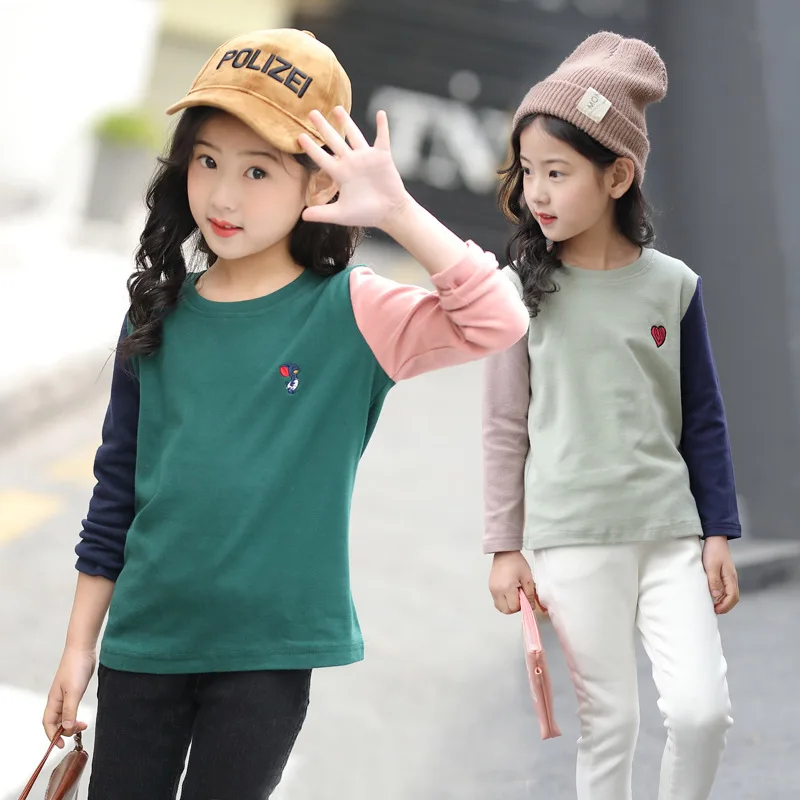 Детская одежда для девочек, рубашки с длинными рукавами, цветные детские футболки для девочек, топы на весну-осень для детей 4-12 лет