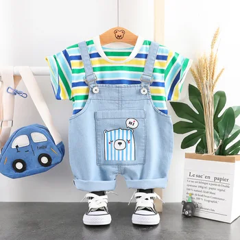 

Summer Stripe High Quality Korean Kids Boys Clothes Plaid T+Overall Jeans 2 Pics Toddler Fashion Casual Boy Clothing Suit Sets