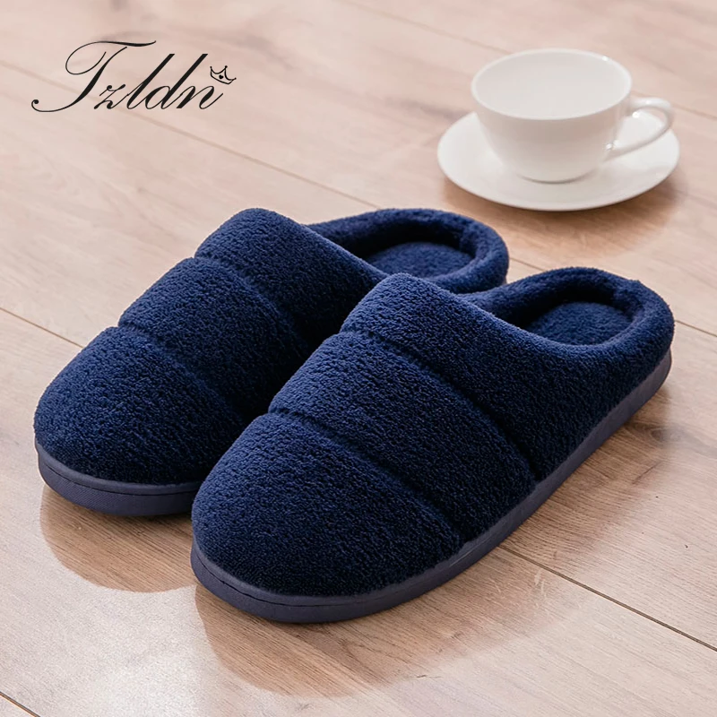 

2019 TZLDN Men Winter Indoor Slippers Suede Uppers Solid Color Warm Coral Fleece Soft Slippers Non-slip Couple Home Shoes
