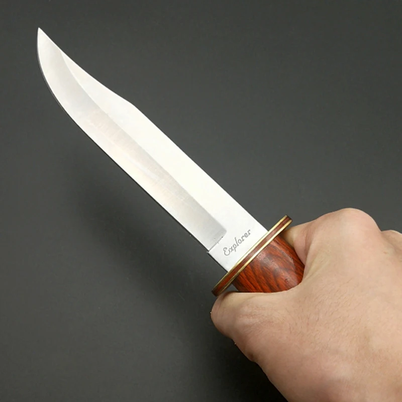 Mengoing Outdoor Self-Defense Survival Knife 5Cr13 Steel Wooden Handle Utility EDC Fixed Blade Knife