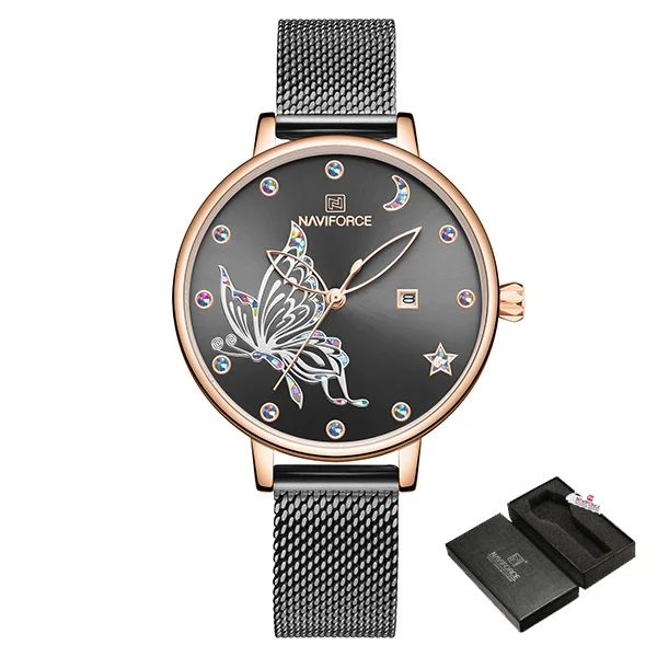 BlackWithBox NAVIFORCE, женские часы, люксовый бренд, reloj, Бабочка, часы, модные, кварцевые, для девушек, сетка, нержавеющая сталь, водонепроницаемые, подарок, reloj muje - Цвет: BlackWithBox