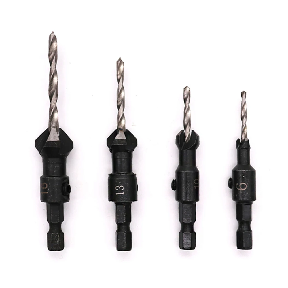 

5pcs 1/4 Hex Steel Handle Woodworking Hole Countersunk Head Drill Set Wood Taper Sink Hole Drilling 4PCS Countersunk Head Drills