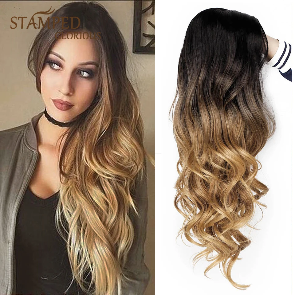 

Stamped Glorious Ombre Black Blonde Wig Synthetic Wigs for Women Side Part Heat Resistant Fiber Hair Long Wavy Wig