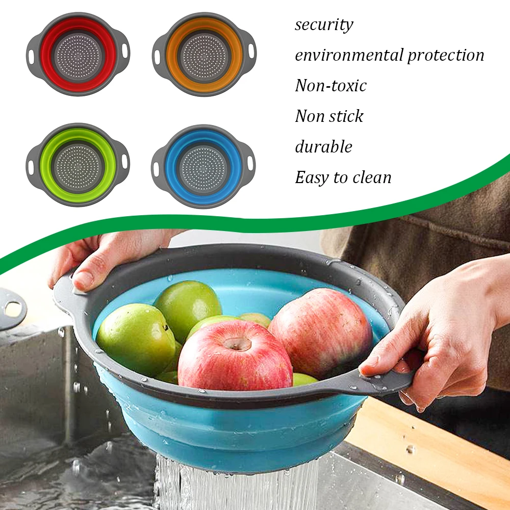 

1Pc Silicone Folding Drain Basket 4 Colors Creative Retractable Silicone Fruit Vegetable Colander Tools Kitchen Storage Gadgets