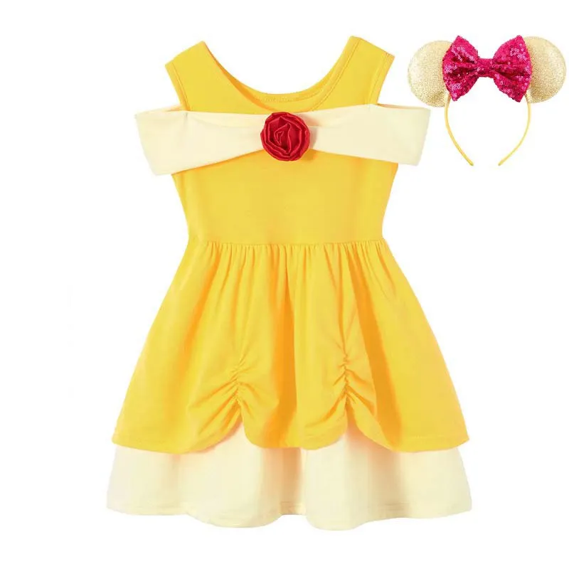 Belle Set Праздничное платье принцессы с героями мультфильмов костюмы для девочек Elena Рапунцель Золушка Эльза Белоснежка Белль Эльза Анна Ариэль Минни Маус платья - Цвет: Belle Set