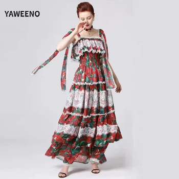 

Summer New Runway Fashion Elegant Sweet Splice Lace Printed Elastic Waist Waist Holiday Wind Female Sling Cake Long Dress