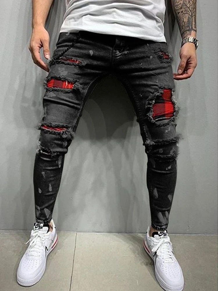 New Black Jeans Men's Slim Fit Ripped Pants Men's Painted Jeans Patch Beggar Jeans Jumbo Size S 4XL|Jeans| AliExpress