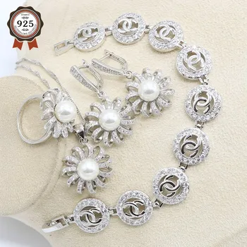 

White Pearl Silver Color Wedding Jewelry Set for Women Bracelet Earring Necklace Pendant Ring