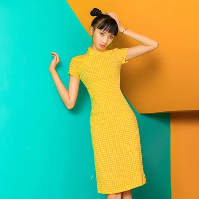 SWEETXUE новые винтажные миди платья летние женские Cheongsam модифицированные хлопковые желтые клетчатые вечерние платья - Цвет: Photo Color