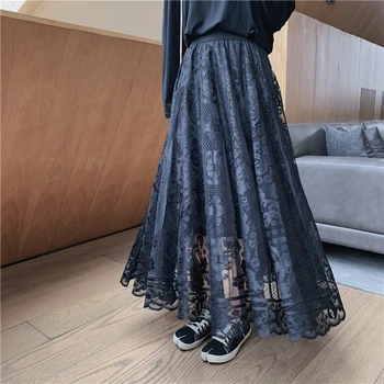 

Elastic High Waist Lace Skirts Womens Spring Summer 2020 New Korean Elegant Casual A-line Black Apricot Long Skirt Female
