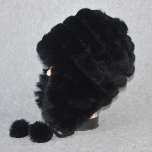 Качественная зимняя шапка для девочек, настоящий мех кролика, женская вязаная шапка из натурального кролика Рекс, меховые шапочки, теплые шапки из натурального меха - Цвет: black