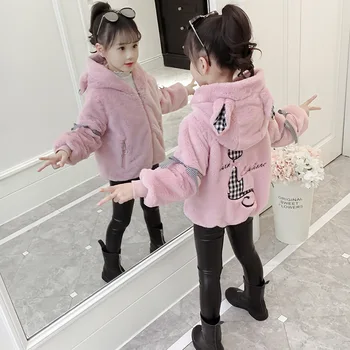 

2019 Girl Winter Fake Fur Hoodies Coats Cartoon Cat Solf Warm Coats Girls Kids Jackets Children Clothes Outfits