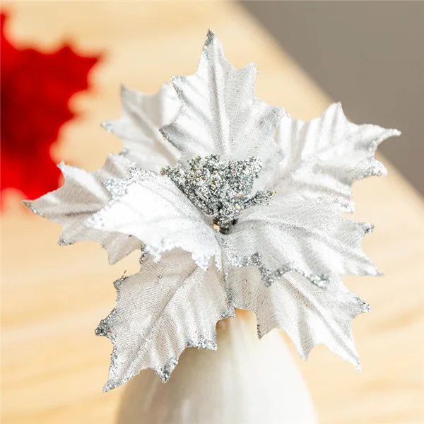 14CM silver 20 шт 14 см/22 см Рождественский цветок со стеблем высокого качества рождественские цветы декоративный искусственный цветок золотые серебряные елки украшения - Цвет: 14CM silver