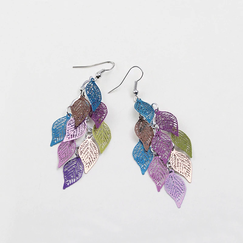 Vintage Hollow Leaves Drop Dangle Long Earrings for Women Bohemian Colorful Fashion Jewelry