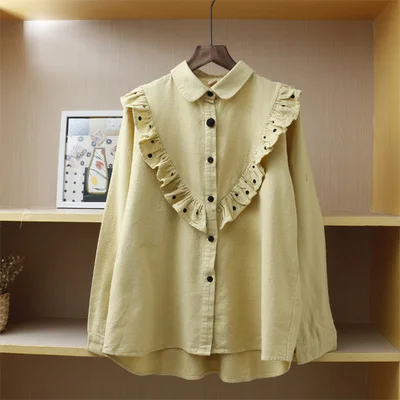 Милая рубашка в горошек с отложным воротником; красивая рубашка с начесом; Топ mori girl RCBD-039-BG52 - Цвет: Цвет: желтый