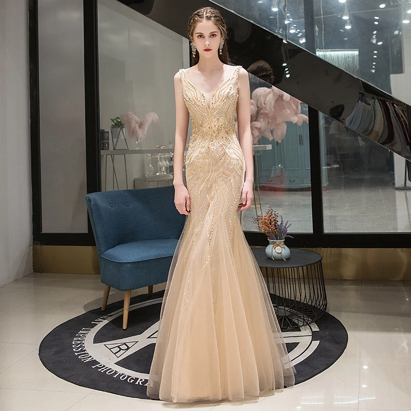 SSYFashion Новое высококлассное Золото Русалка вечернее платье, для банкета пикантные V-enck блестки Бисер длинное вечернее платье на Выпускной Vestidos De Noche - Цвет: Золотой