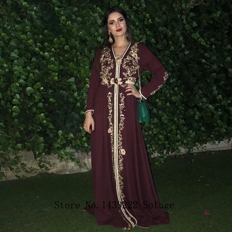 Кофейного цвета марокканский кафтан вечернее платье V образным вырезом с длинными рукавами шифоновые кружевные аппликации Арабский мусульманский особый случай