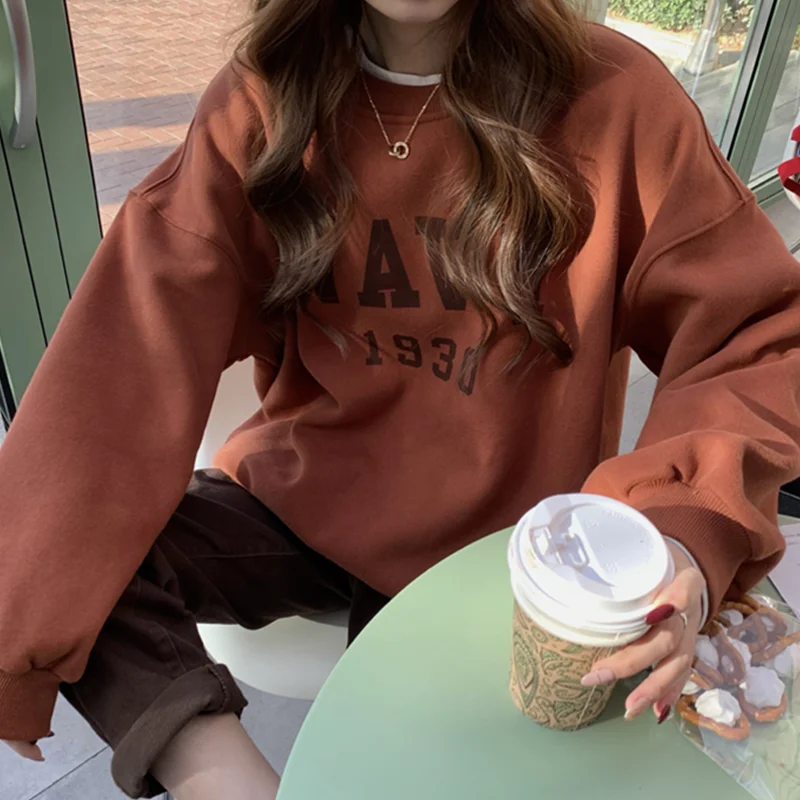 

Ladies pullover Korean autumn loose loose wild simple letter printing plus velvet pullover sweater