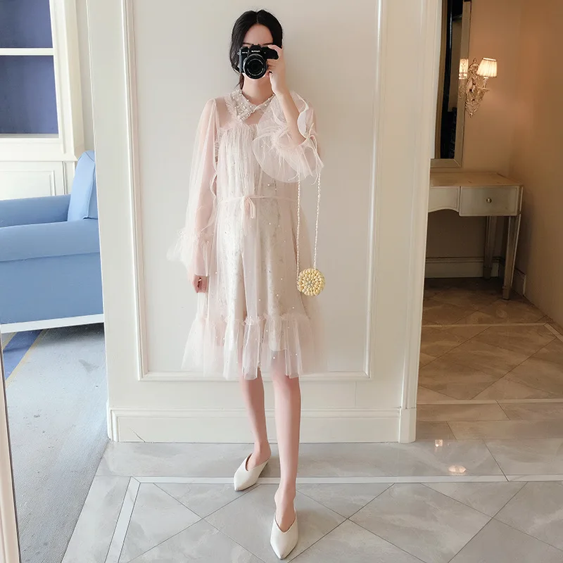 

2020 Early Spring Fashion Maternity Clothes Korean-style Loose-Fit Immortal Fashion Mom Gold Velvet Joint Mesh Skirt