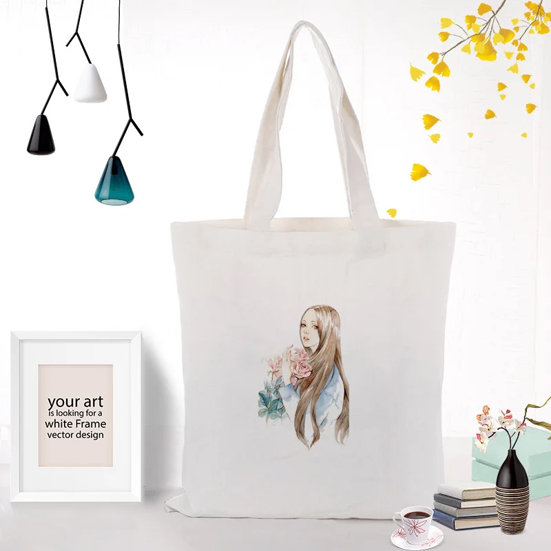 illustration girl Tote Bag Shopping Bag Custom Print Logo Canvas Text DIY Daily Use Eco Ecologicas Reusable Recycle Handbag