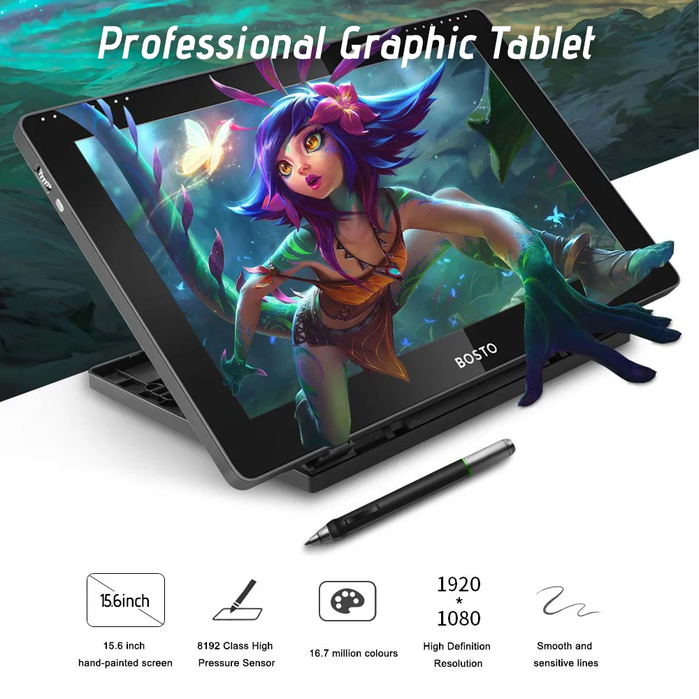 Bosto Bt-16hdt Portable 15.6inch H-ips Lcd Graphics Drawing Tablet 