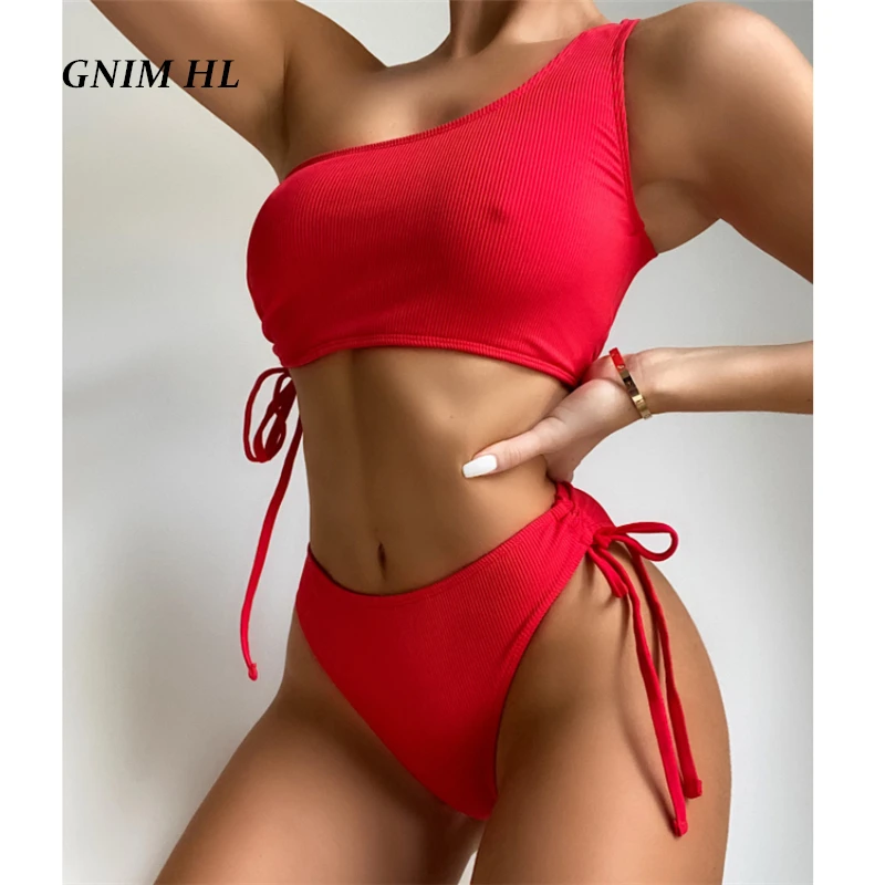 

GNIM One Shoulder Ribbed Swimwear Women Sexy Bandeau Bikini 2021 Summer Drawstring Swimsuit Push Up 2 Pieces Solid Bahing Suit