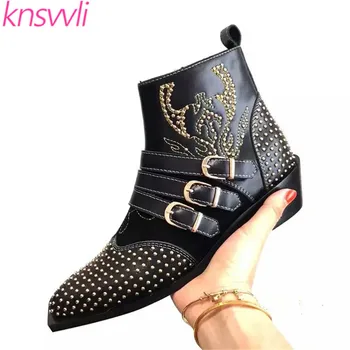

Fashion Rivets Studded Ankle Boots for Women Pointed toe Buckle Kitten Heels Winter Shoes Ladies Black Leather Cowboy Boots