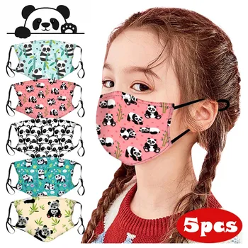 

5PCS Children Cartoon-Panda Funny Prints Cloth Face Shield Washable Mouth Mask Reusable Face Mask Windproof Breathable Masque