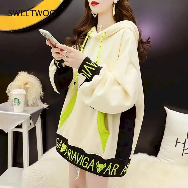 

Толстовка женская утепленная из плюша, Свободный свитшот средней длины, милая кофта в Корейском стиле, для зимы и весны