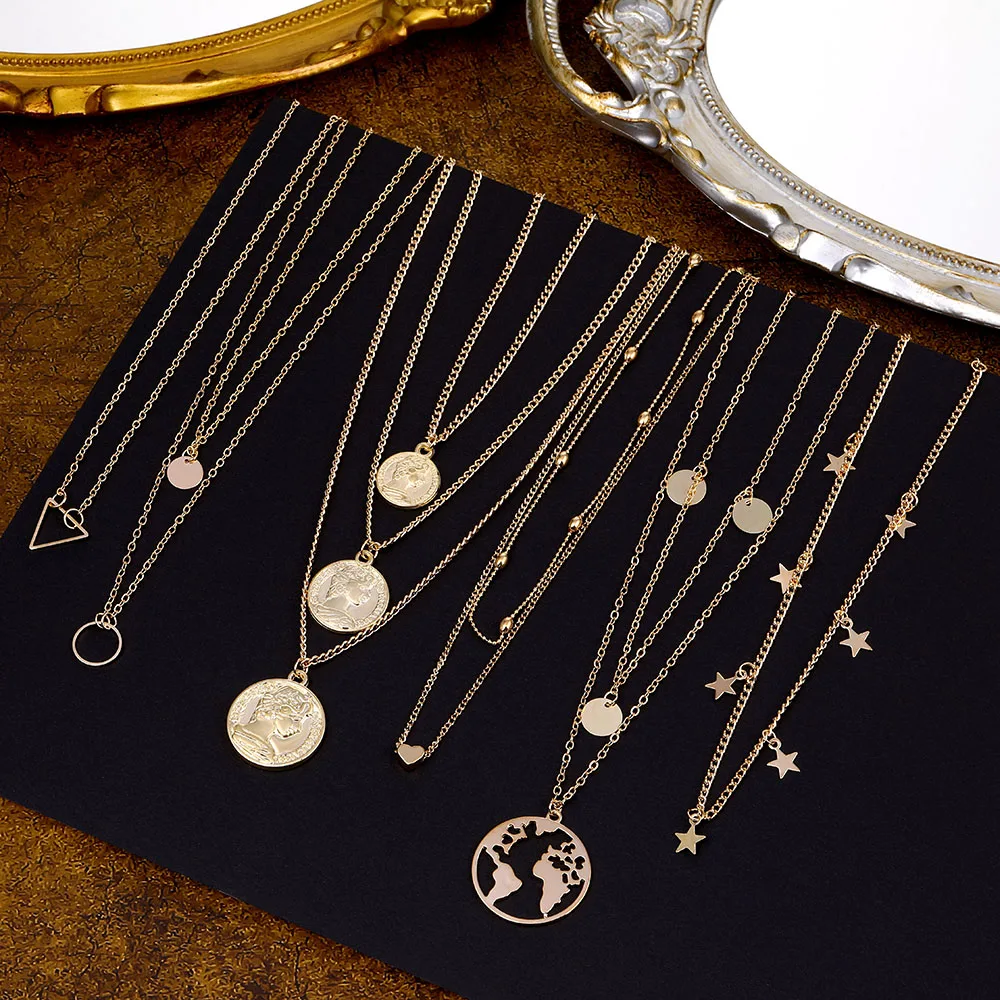

EN Bohemian Multilayer Necklaces For Women Vintage Portrait Coin Star Moon Pendant Necklace Geometric Collar Choker Jewelry