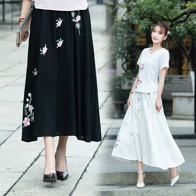 

Summer New Style Embroidery Retro National Wind Skirt Elastic Waist Elegant High-waisted A- line Skirt