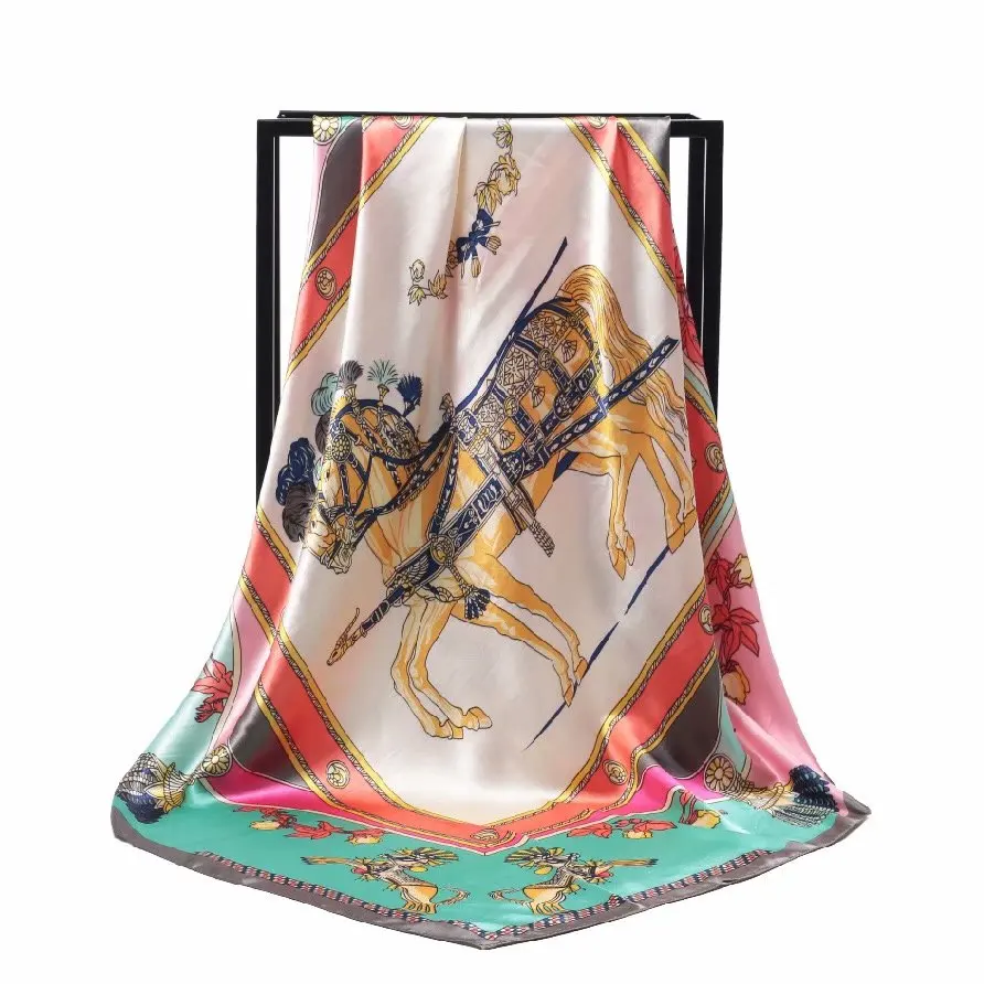 

Silk Scarf Women Large Shawls Flowers Print Stoles Square Scarves Bandana Big Kerchief Female Foulards FD05