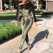 African Fashion One Shoulder Women Skinny Jumpsuit Fall Spring Sexy Overalls Solid Green Velvet Jumpsuits Casual Female Romper