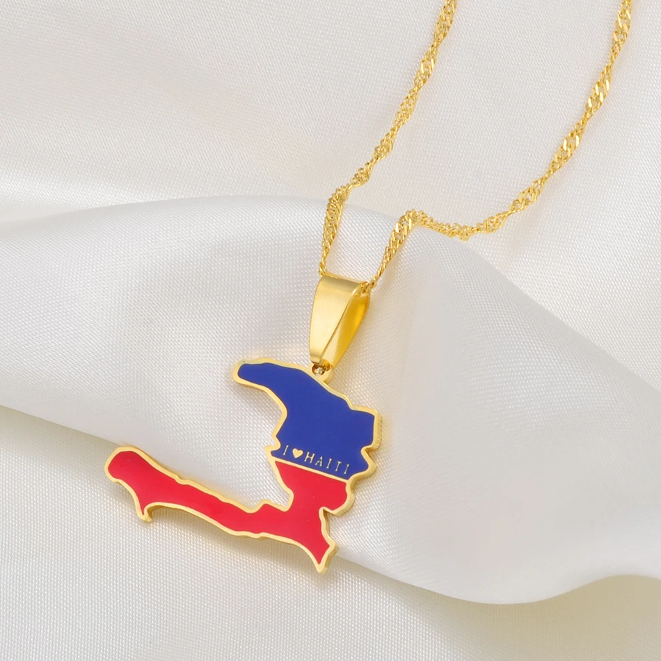 Anniyo Haiti Map Pendant Necklaces I LOVE HAITI Ayiti Gold Color Jewelry Haytian Gift of Love My Country #202621 | Украшения и