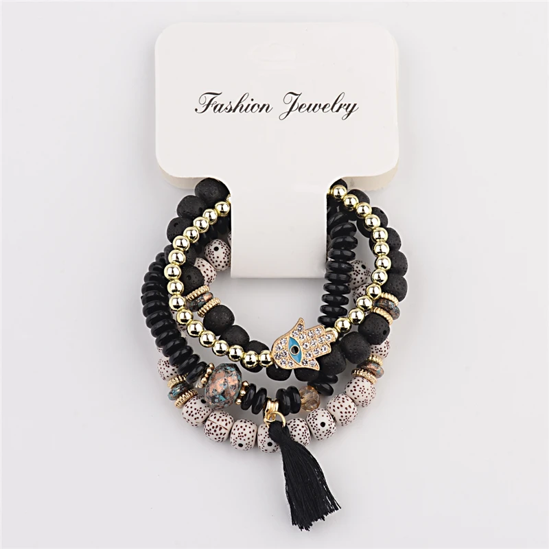 Vintage Bohemian Charm Bracelet Set with Natural Stone Beads and Tassel Pendants - 4 Pieces