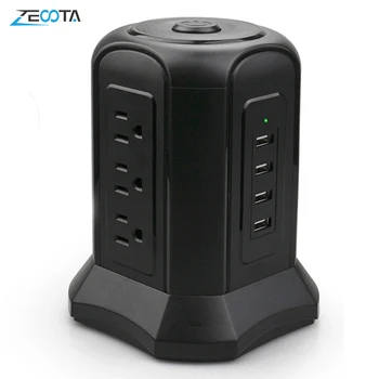 

Tower Multiple Power Strip Vertical Surge Protector 9 US Plug Sockets Outlets with 4 USB Double Pole Switch 2m Extension Cord