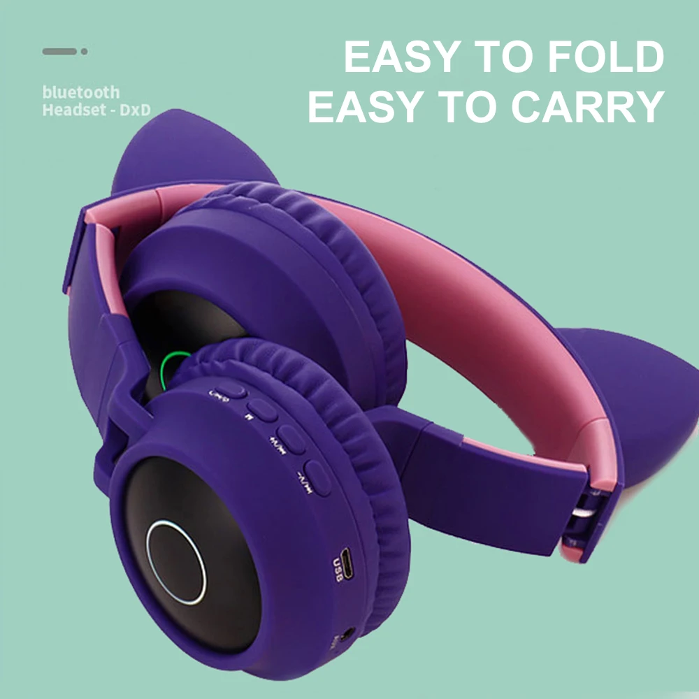 New LED cute cat ear headset Noise Cancelling wireless bluetooth5 0 headset BT 028C Young People Kid Headset 3 5mm Plug With Mic