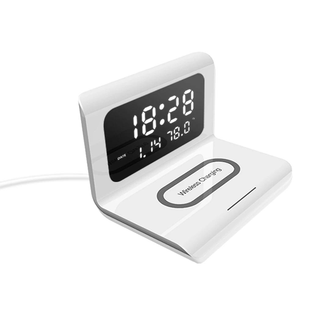 Electric Clock Perpetual Calendar Wireless Charger Desktop LED Digital Alarm Clock with 10W Wireless Mobile Phone Charging Pad