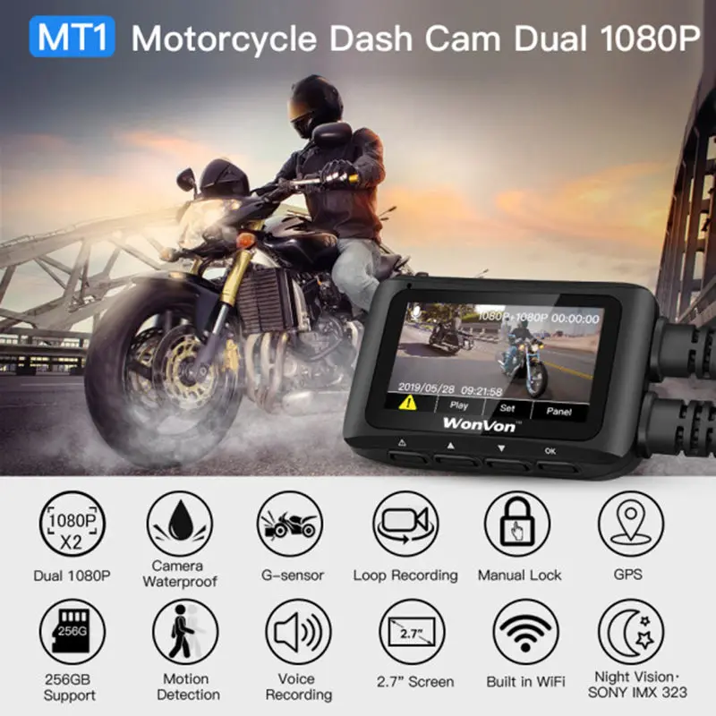 VSYSTO Motorcycle Camera Motorcycle Dash Cam 3 IPS Screen Full HD 1080P Dual Lens Motorcycle Front and Rear Camera DVR Sports Action Camera 130° Wide Angle WiFi Support 