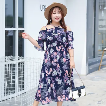 

Women's summer chiffon printed one-shoulder dress plus size calf length casual dress 100 kg wearable