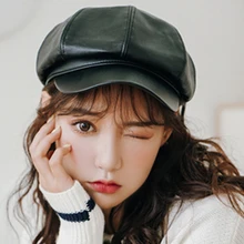 HT2573 береты винтажные однотонные простые шляпы из искусственной кожи для женщин Весна Осень восьмиугольная кепка газетчика художника Женская шляпка-берет