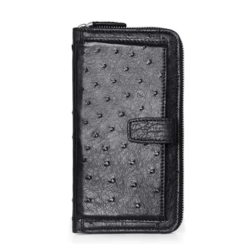 

Business Style Genuine Ostrich Skin Men's Long Wallet Black Phone Clutch Purse Authentic Exotic Leather Male Card Holders