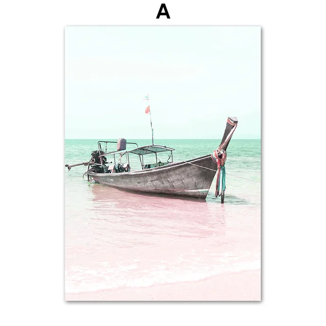 Pink Beach Sea Waves Flamingo Flower Car Wall Art Canvas Painting Nordic Posters And Prints Wall Pictures For Living Room Decor A