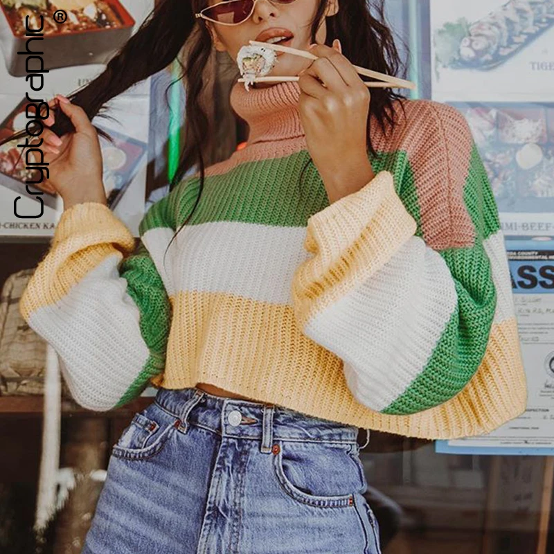 

Cryptographic Fashion Striped Sweaters Oversized Turtleneck Long Sleeve Knitted Pullovers Autumn Winter 2019 Cropped Sweater New