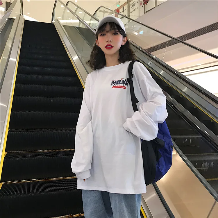 Осенние женские футболки Повседневная одежда корейский стиль Ulzzang Harajuku с буквенным принтом и длинным рукавом Футболки женские белые топы