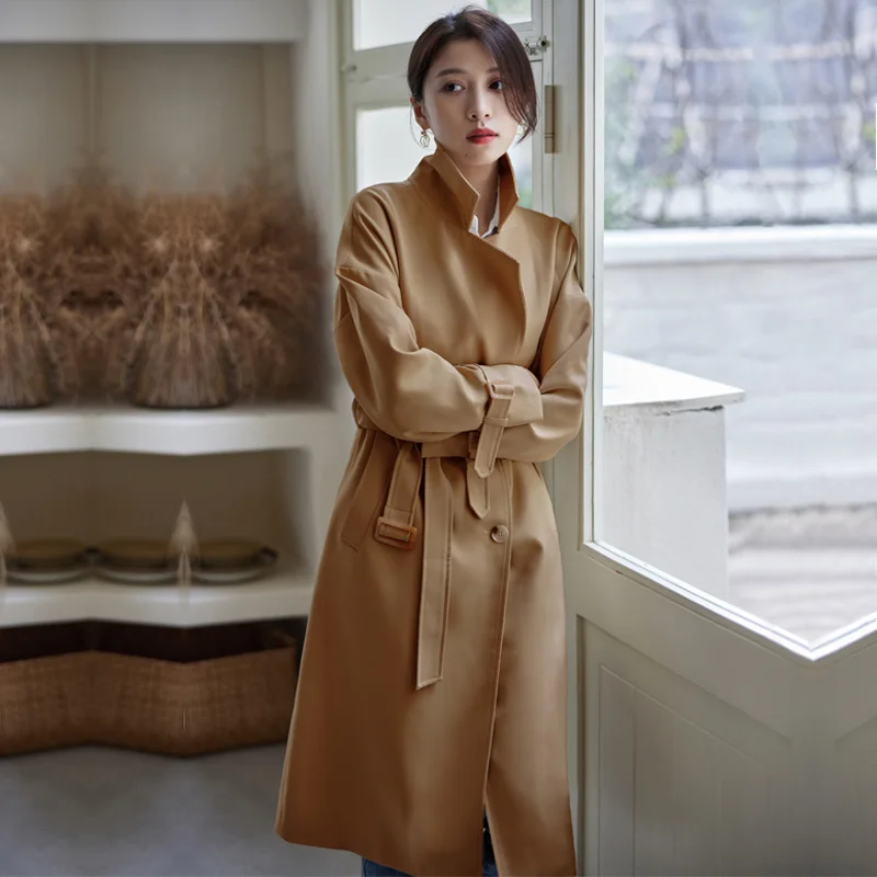 

Женская ветровка, новинка сезона весна-осень 2021, цвета хаки, темпераментное двубортное модное пальто средней длины для отдыха