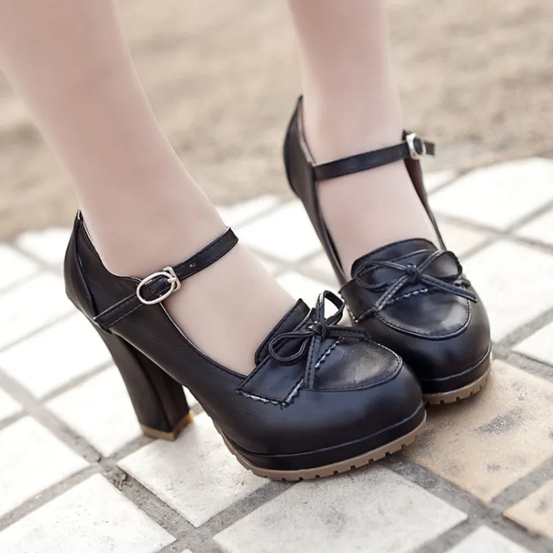 Японские милые туфли в стиле Лолиты; элегантные винтажные туфли принцессы с бантом в Корейском стиле; обувь в стиле Харадзюку на толстой подошве; туфли в стиле Лолиты на высоком каблуке