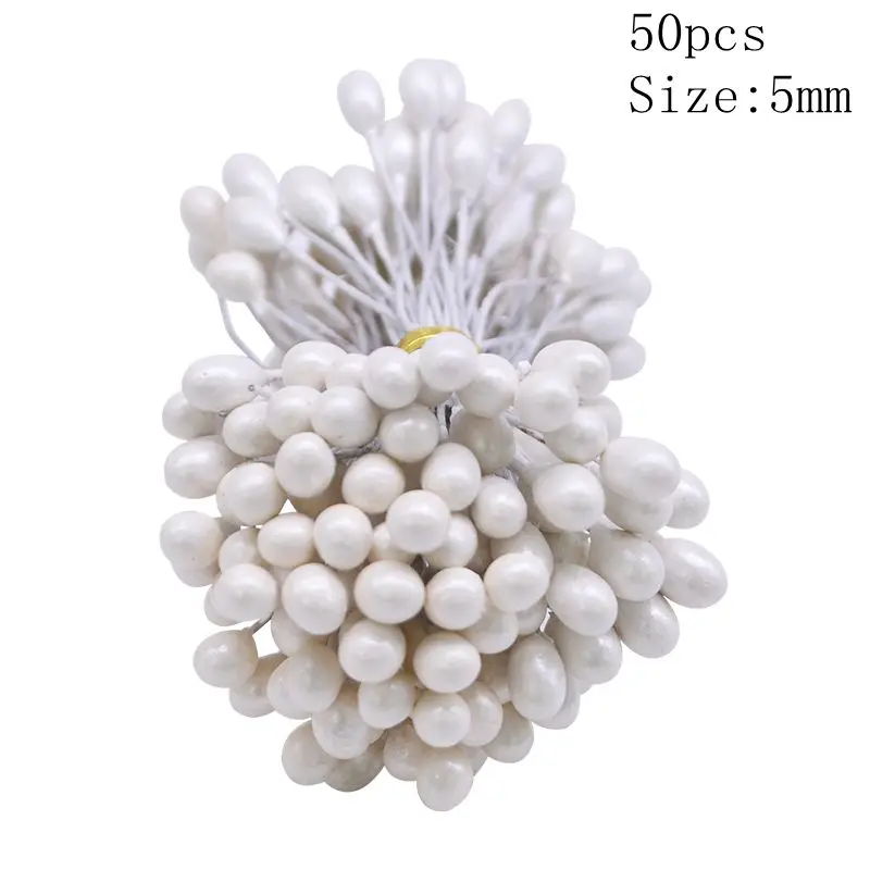3mm/5mm/8mm Red Stamen DIY Wreath Artificial Flower Wire Stamens Cake Decoration Gift Box Accessories Wedding Xmas Party Supplie - Цвет: 50pcs 5mm white