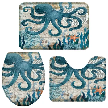 

3 Pieces Bathroom Set Nautical Map Octopus Bath Set Toilet Cover Mat Pedestal Rug Non-Slip Bathroom Rug Set